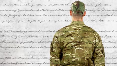 animation of writings and back of caucasian male soldier over flag of usa