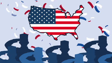 happy memorial day animation with soldiers silhouettes and usa flag in map