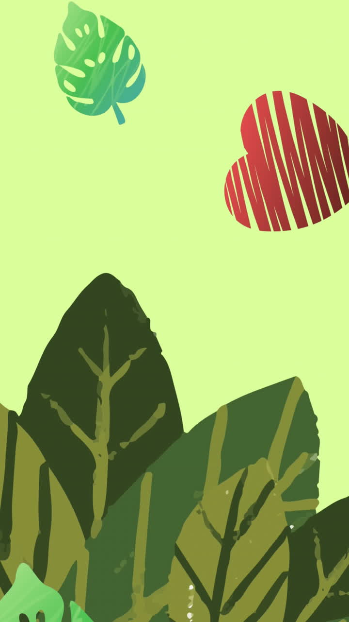 animación de corazón y hojas cayendo sobre fondo verde