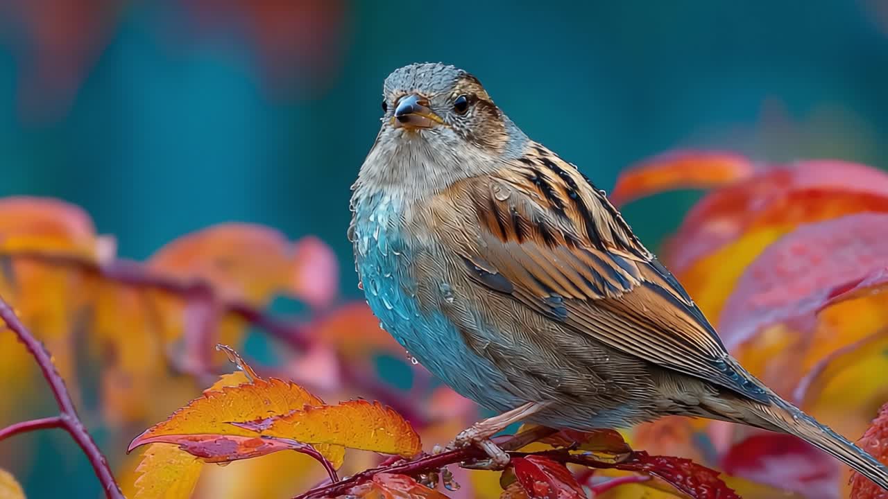 A Beautiful Sparrows Perched Gracefully on Colorful Autumn Leaves Captured in Vivid Detail, Showcasing Nature's Vibrant Palette and Wildlife's Charm
