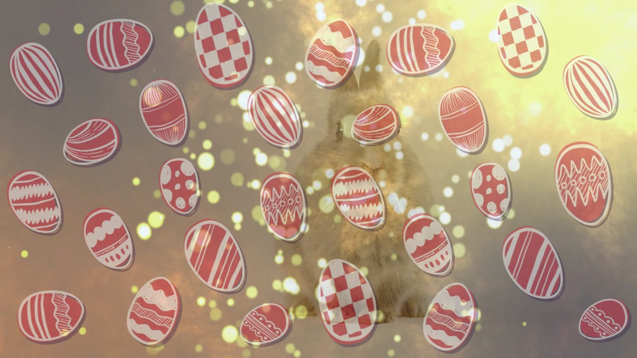 Festive Easter Bunny Surrounded by Animated Eggs and Golden Bokeh