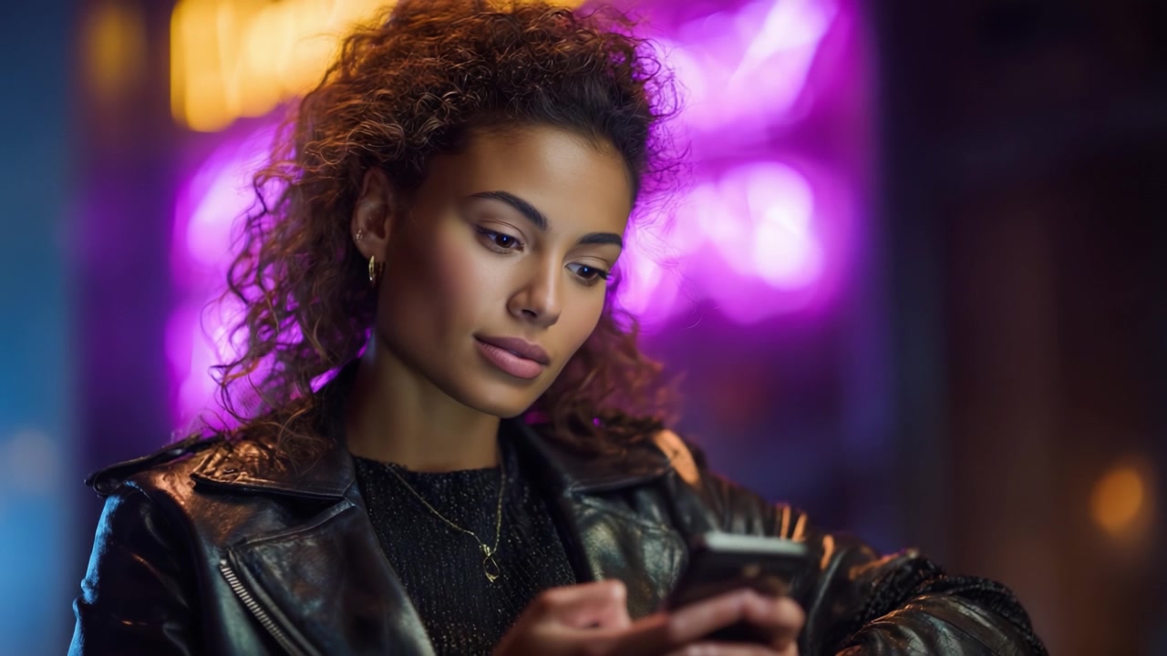 Momenti Contemplativi: Una Giovane Donna Assorta nel Suo Smartphone, Illuminata da Luci al Neon in un Vivace Contesto Urbano, Che Ritrae la Comunicazione Moderna