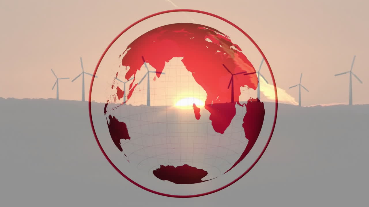 Red globe animation over silhouette of wind turbines at sunset