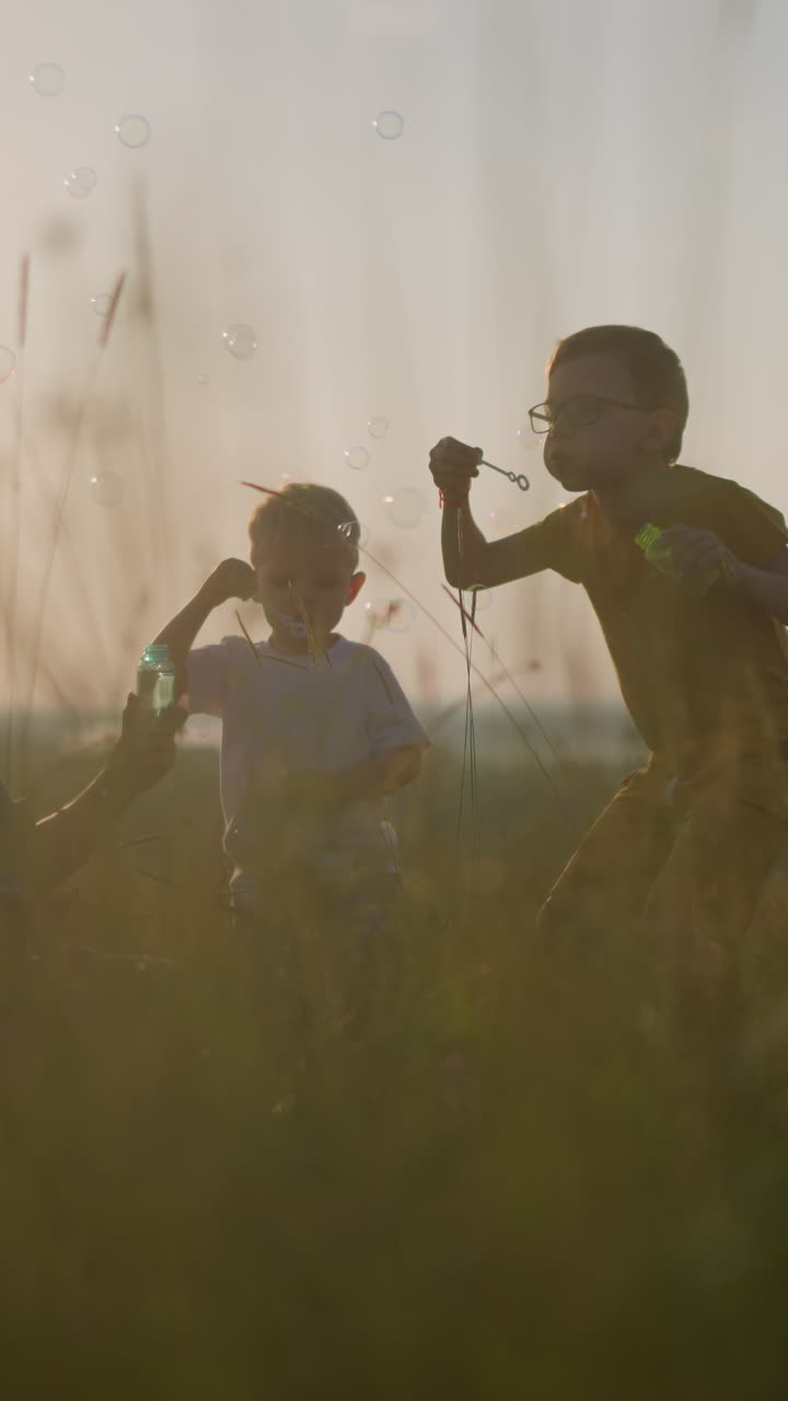 un momento sereno in un campo illuminato dal sole, dove una donna si siede sull'erba mentre un ragazzino si piega accanto a lei, e un altro ragazzo sta vicino. soffia gioiosamente bolle in aria