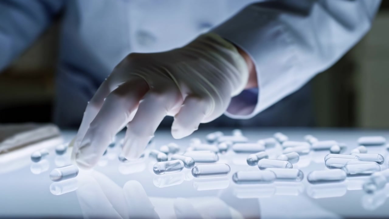 Primo piano di mani guantate che raccolgono, sollevano e dispongono capsule oblunghe traslucide sparse su una superficie luminosa retroilluminata, mostrando un'attenta manipolazione sterile, una focalizzazione clinica e un ambiente di laboratorio pulito.
