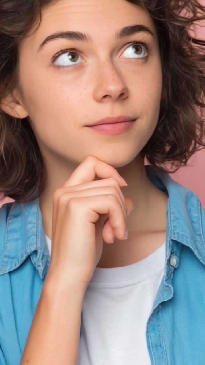 Una giovane donna pensierosa appare contemplativa e curiosa, riflettendo su idee e pensieri mentre indossa una camicia di jeans su uno sfondo rosa tenue.
