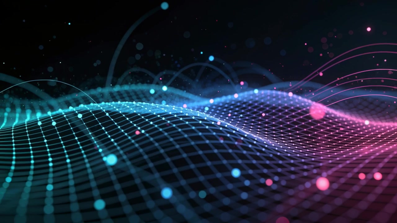 Undulating wireframe mesh moving from rear across void, pulsing nodes, orbs, simulating data flow