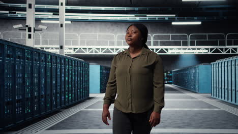 system administrator walking through data center server rows
