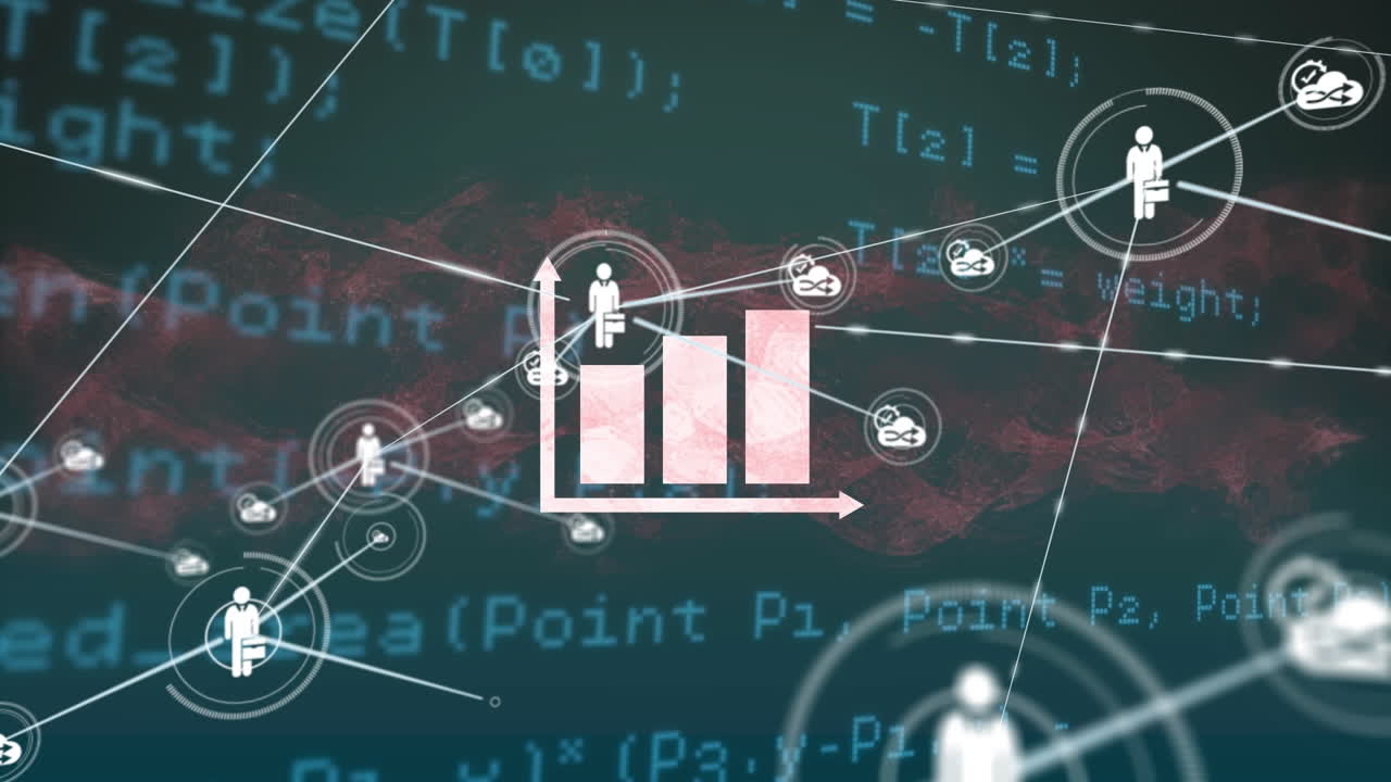 animación de gráficos digitales e íconos que se conectan con líneas a través de código de programación en movimiento