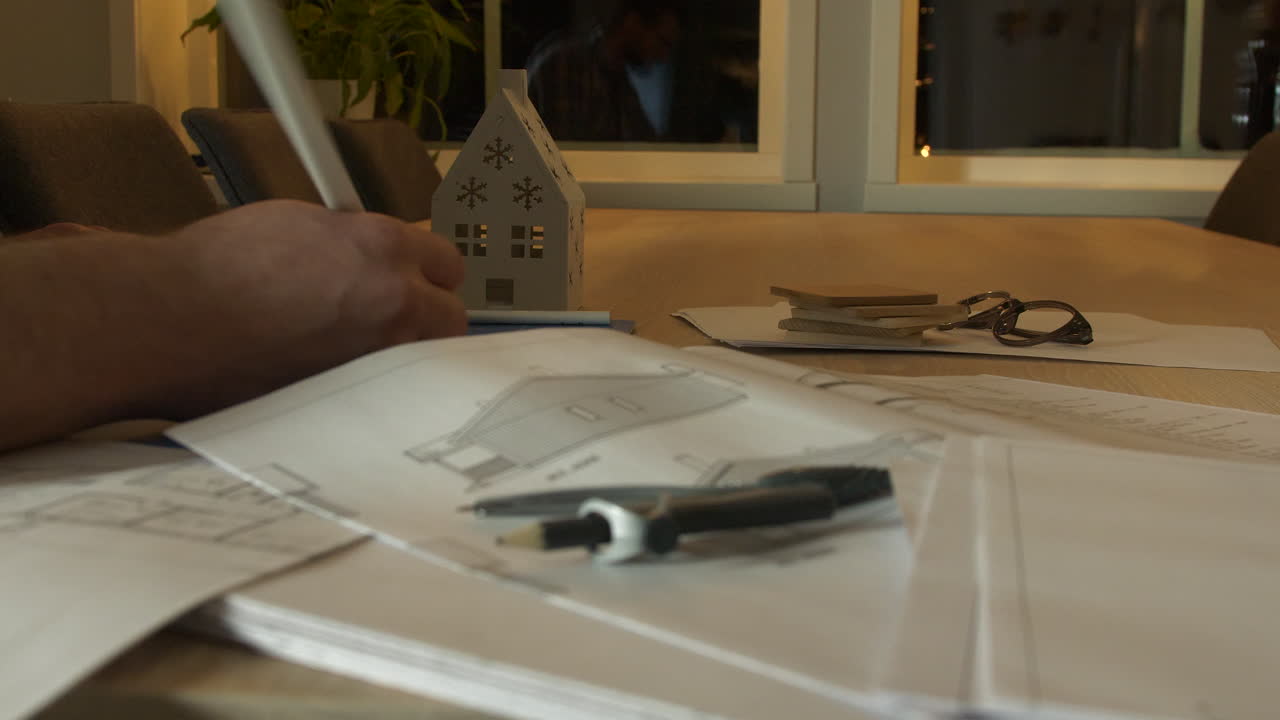 arquitecto que trabaja hasta altas horas de la noche en la oficina, cierra la vista de ángulo bajo