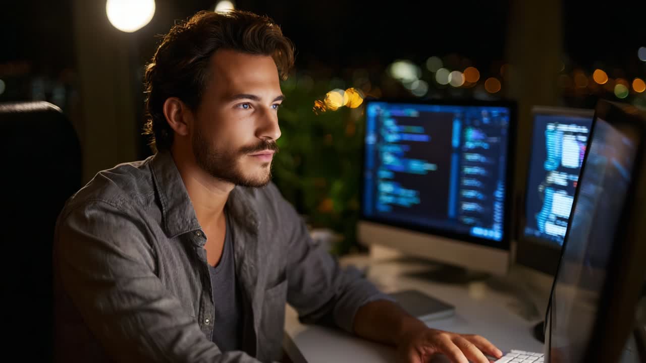 Focused Programmer Working Late at Night in a Modern Workspace, Analyzing Code on Multiple Monitors with Urban City Lights in the Background, Showcasing the Intensity of Tech Innovation and Work Ethic