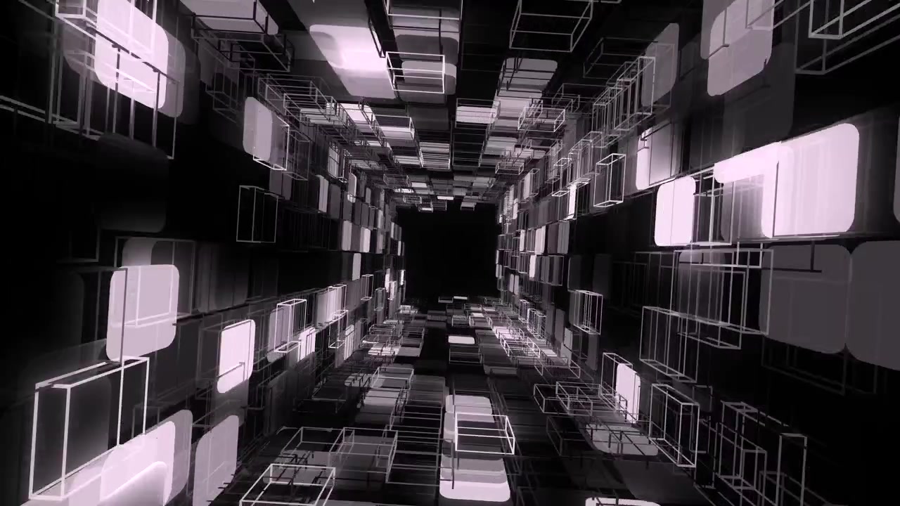 Sequenza di corridoio wireframe monocromatico che rappresenta l'infrastruttura server di un data center e la sicurezza informatica