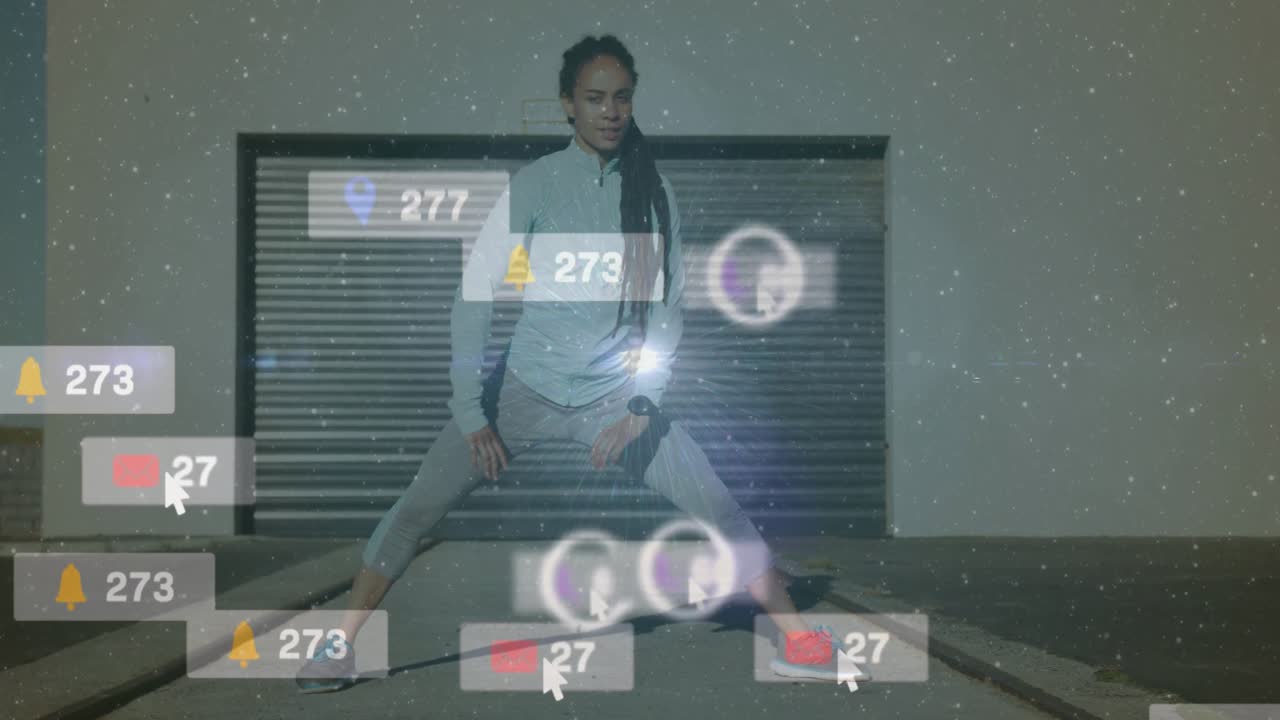 Woman exercising stepping into side lunge, showing animated social icons boosting engagement