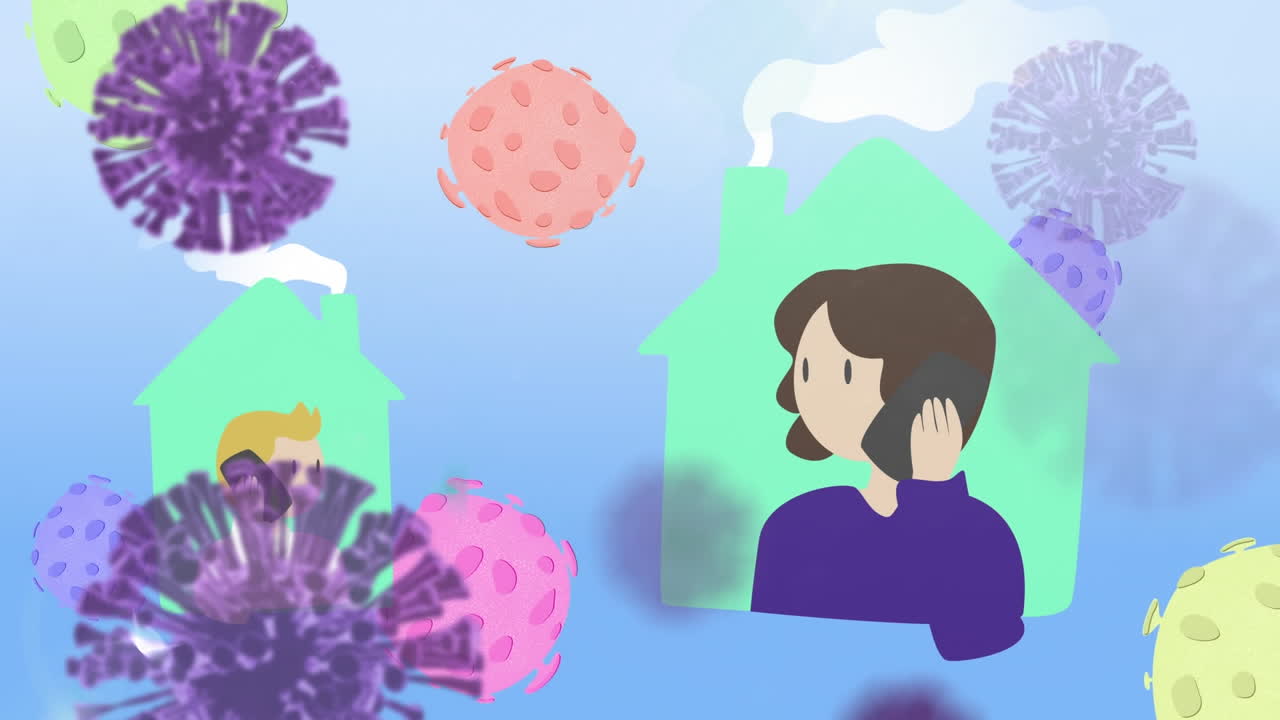 코로나19 세포와 전화를 사용하는 사람들의 애니메이션