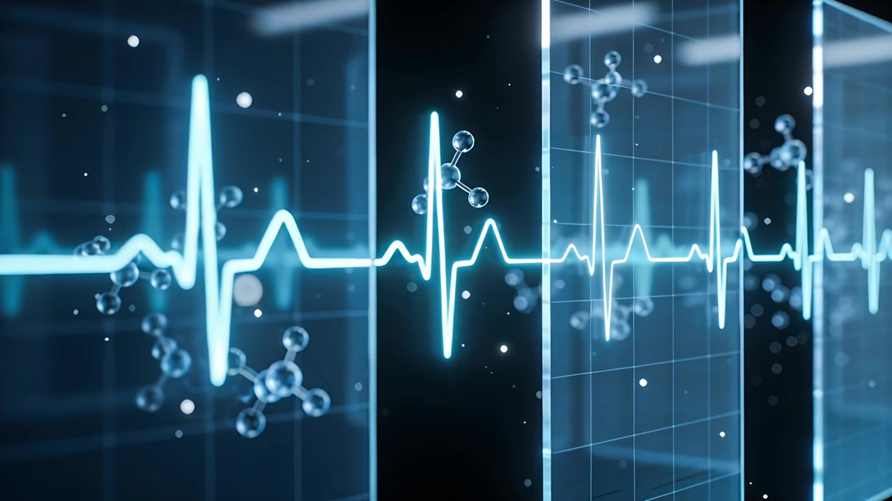 Forma d'onda ECG ciano pulsante che attraversa pannelli e molecole in laboratorio mentre la telecamera si sposta, rivelando dati