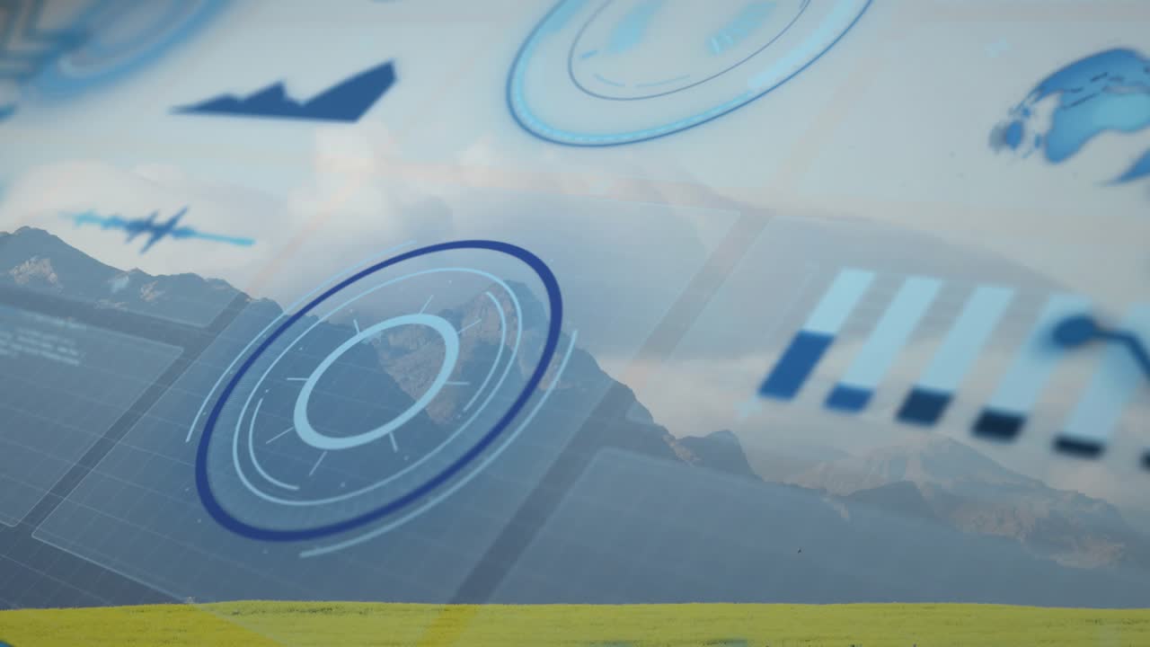 On data ping, blue HUD reticle rotating, bars filling, settling to show terrain data over mountains