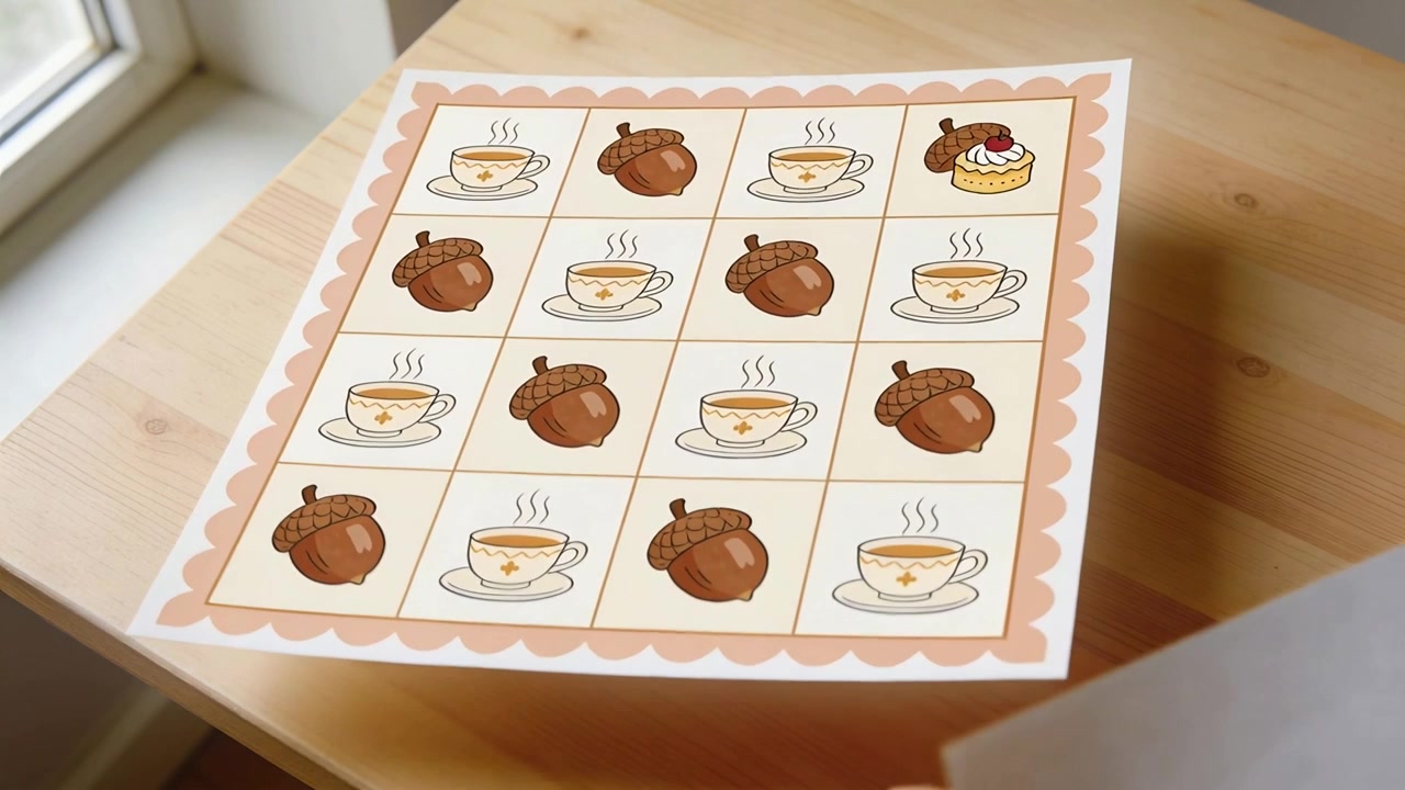 Entering paper smoothing and lifting scallop card to align on wood table near window, teacup icons