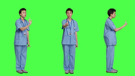 Displeased-irritated-nurse-shouting-no-and-arguing-with-someone-against-greenscreen