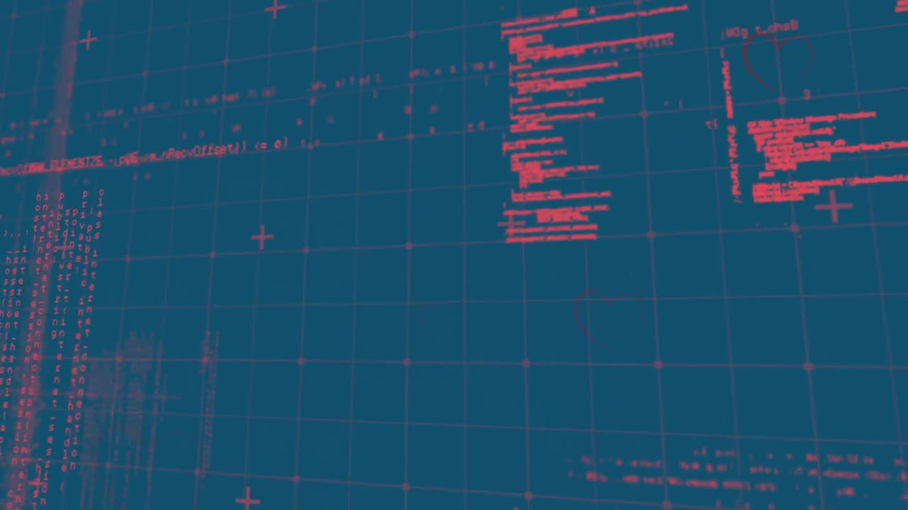 animación del procesamiento de datos y corazones sobre fondo azul