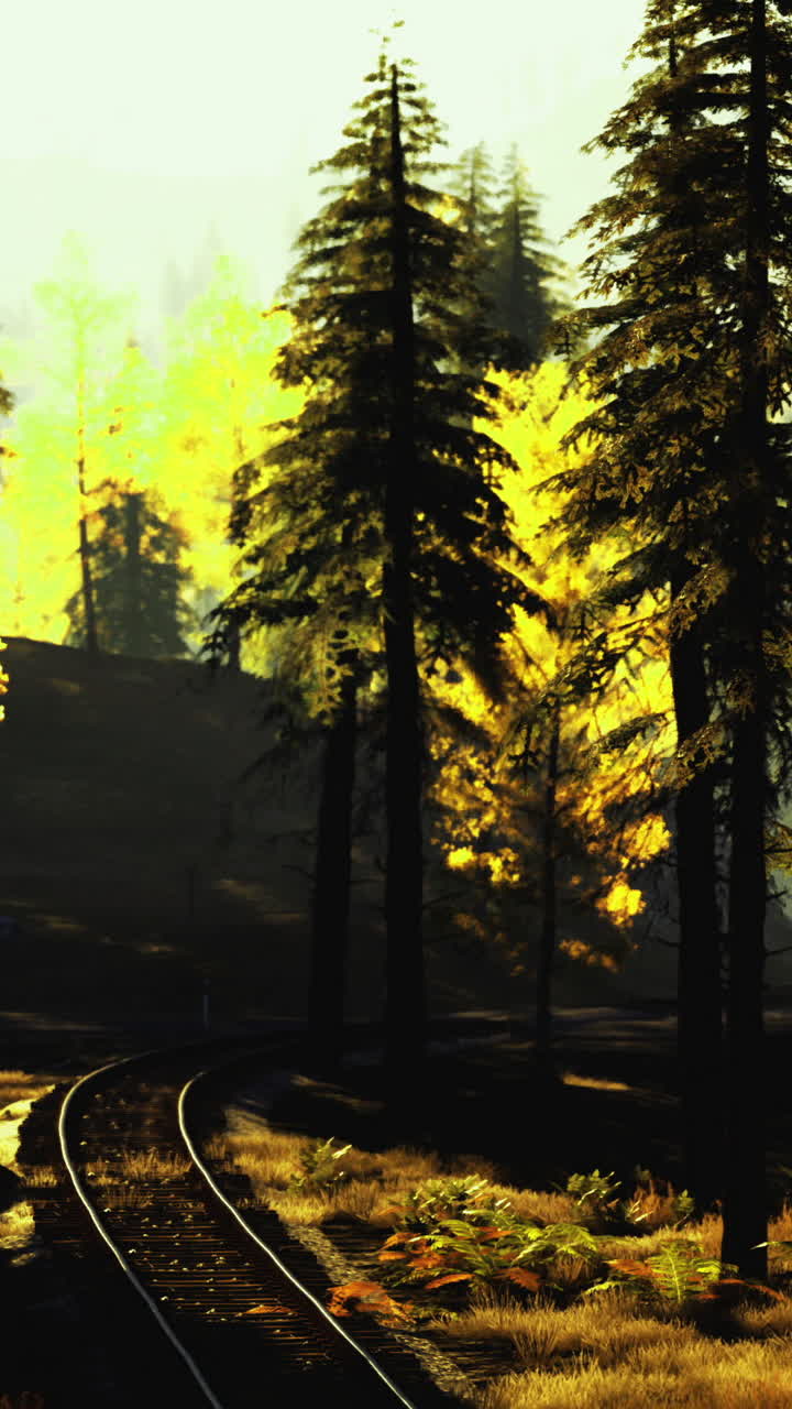 Autumn forest landscape with railway tracks surrounded by vibrant trees