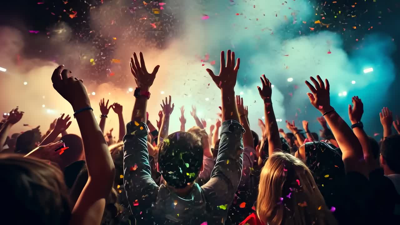 Scena di festa vivace con persone che ballano, mani alzate e luci colorate.
