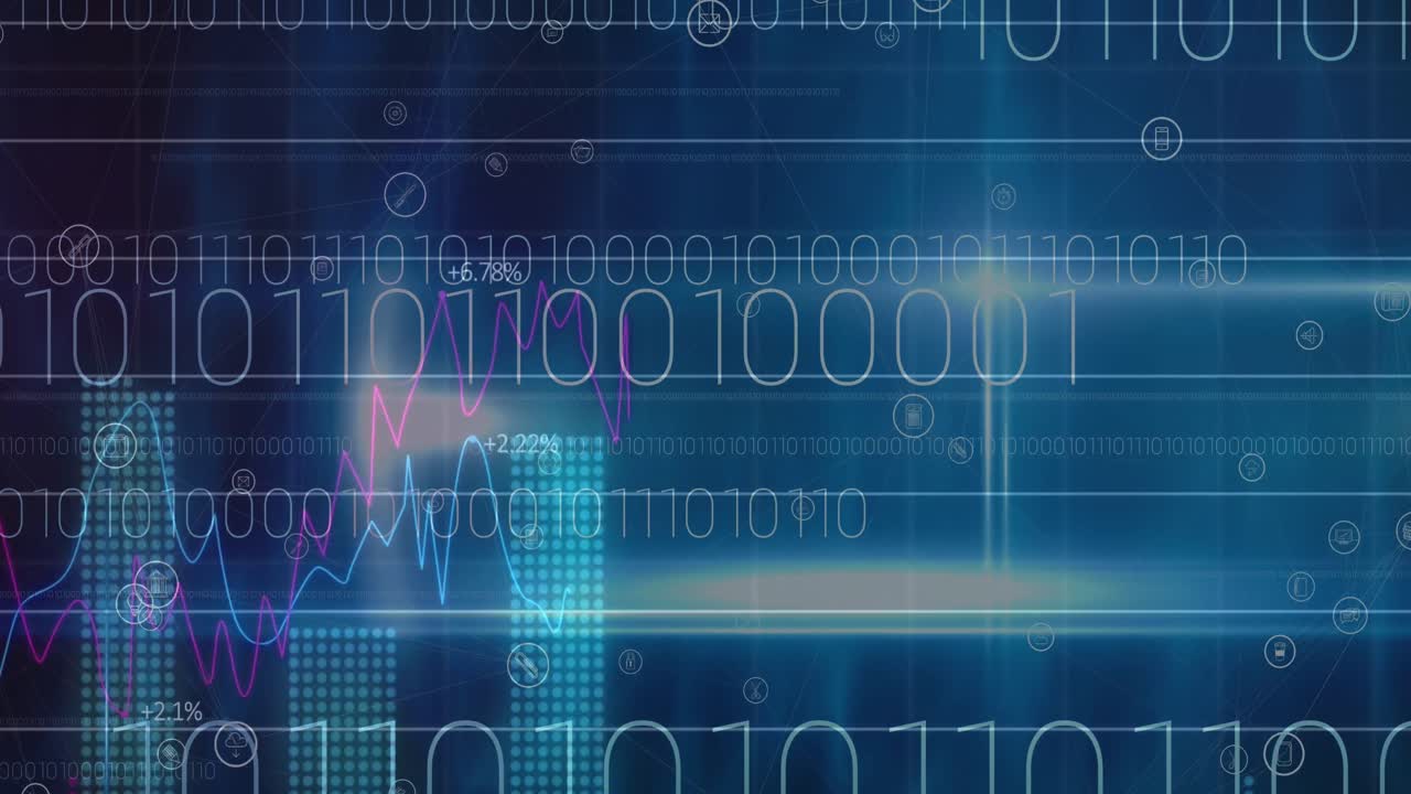 Animation of binary coding processing over digital icons