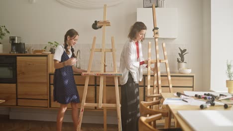 two women painting at home