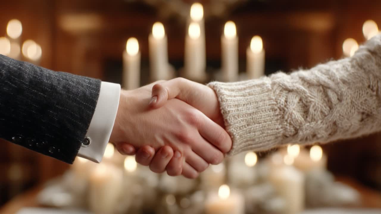 Un caloroso gesto di fiducia: primo piano di due mani che si stringono, a simboleggiare accordo e connessione in un'atmosfera intima illuminata da candele
