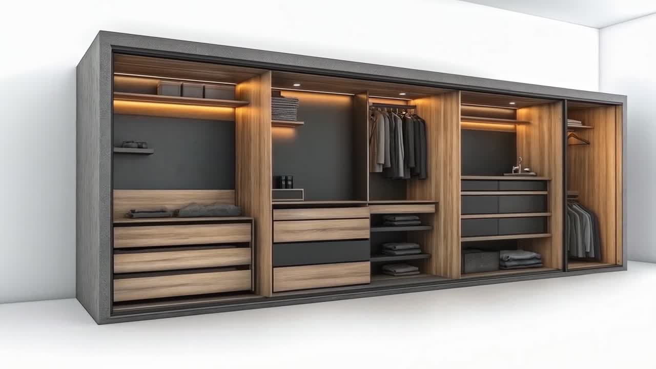 Armadio moderno con illuminazione integrata e soluzioni contenitive