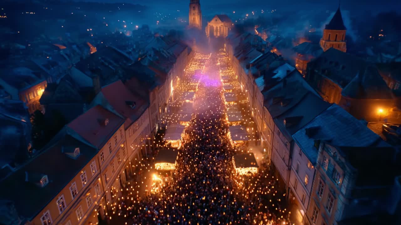 A Captivating Nighttime Aerial View of a Vibrant Gathering, Illuminated by Thousands of Flickering Lights as Crowds Fill the Streets, Creating an Enchanting Atmosphere of Celebration and Unity