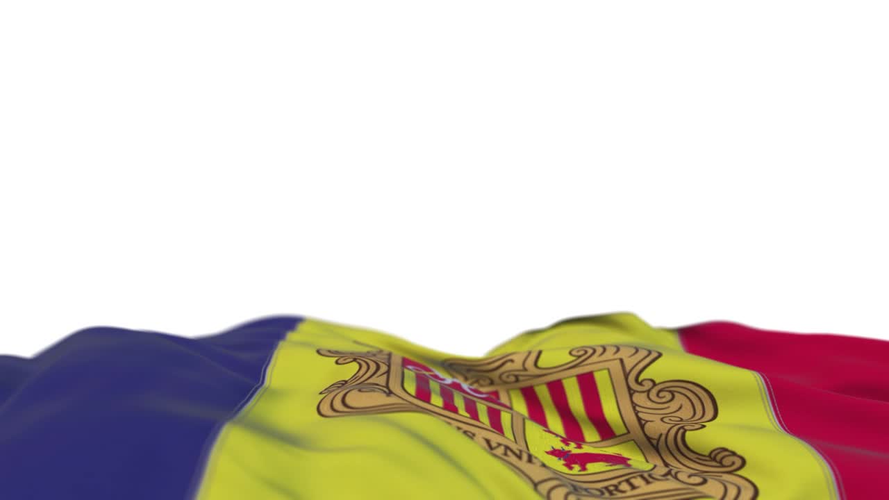 bandera de tela de andorra ondeando en el bucle del viento. bordado de andorra estampar un estandarte de tela balanceándose en la brisa. fondo blanco medio lleno. lugar para el texto. bucle de 20 segundos.
