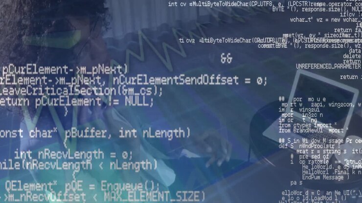 Animation of financial data processing over woman using smartphone