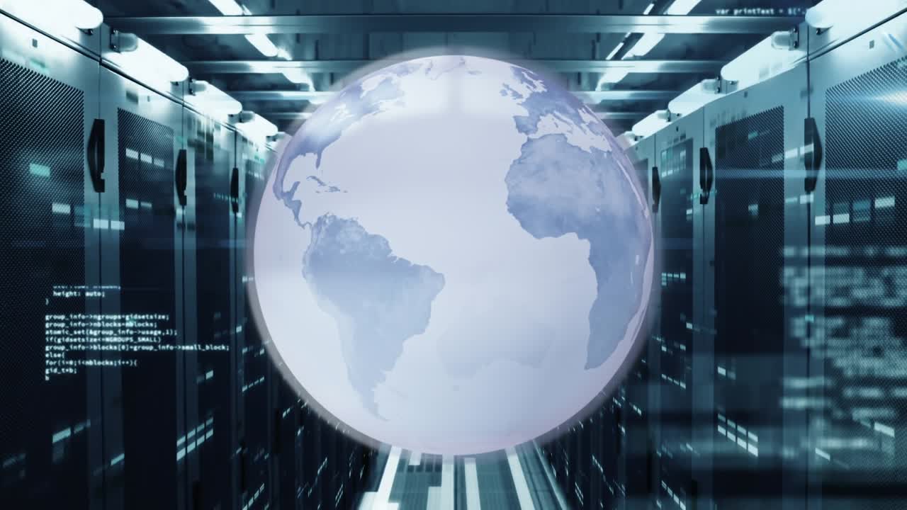 Animation of spinning globe and data processing against computer server room
