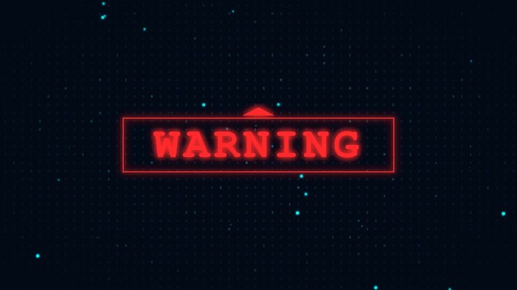 Digital Warning Sign with Glowing Red Text and Particles
