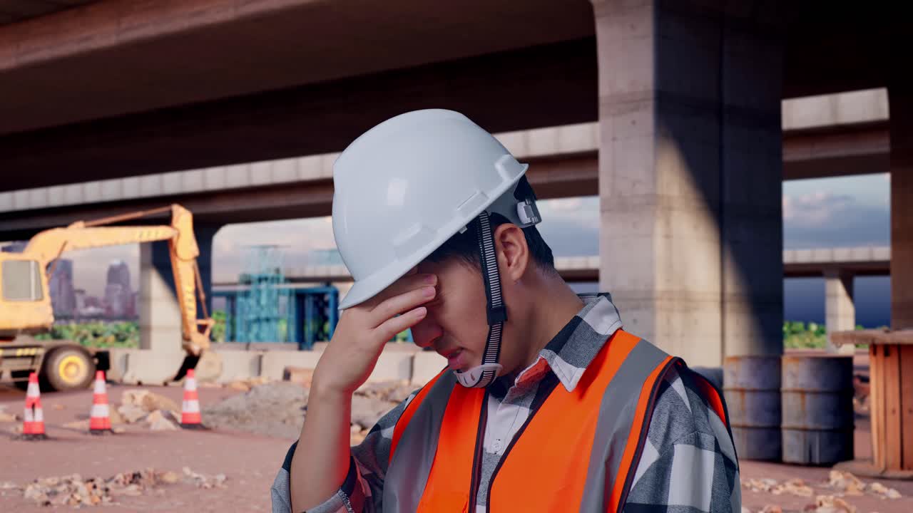 Nærbillede af asiatisk, mandlig ingeniør med sikkerhedshjelm, der har hovedpine under sit arbejde på en motorvejsbyggeplads