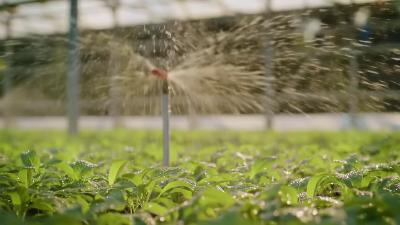 A Vibrant Greenhouse Scene: Capturing the Details of Sprinkler Irrigation Nourishing Young Plants in a Lush and Growing Environment