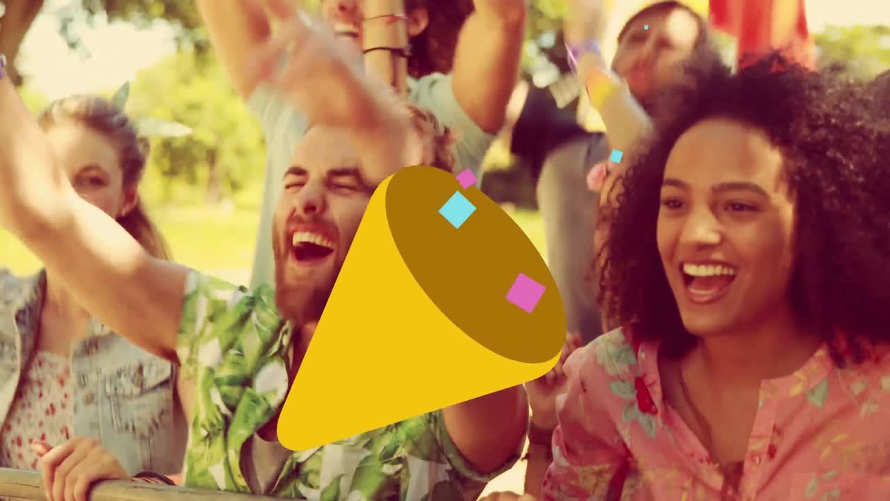 animación de cono con confeti cayendo sobre personas bailando y vitoreando durante un concierto de música