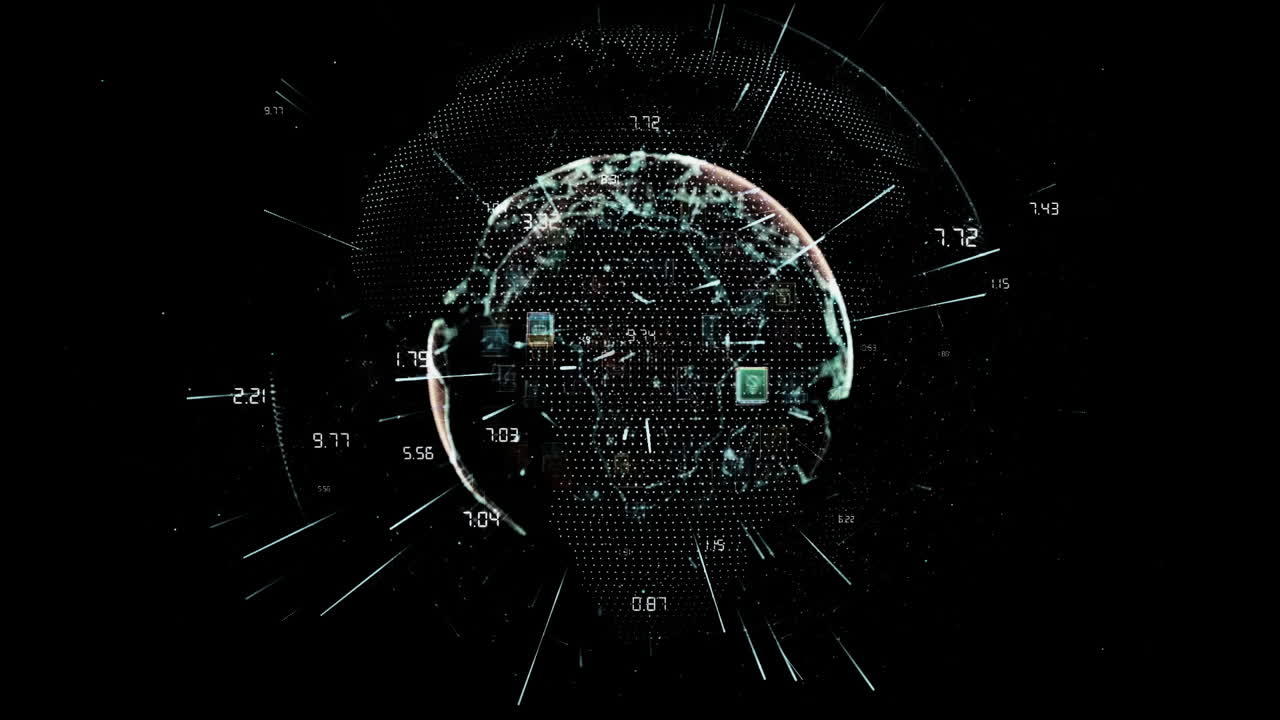 Digital globe with data points and numbers, global network animation