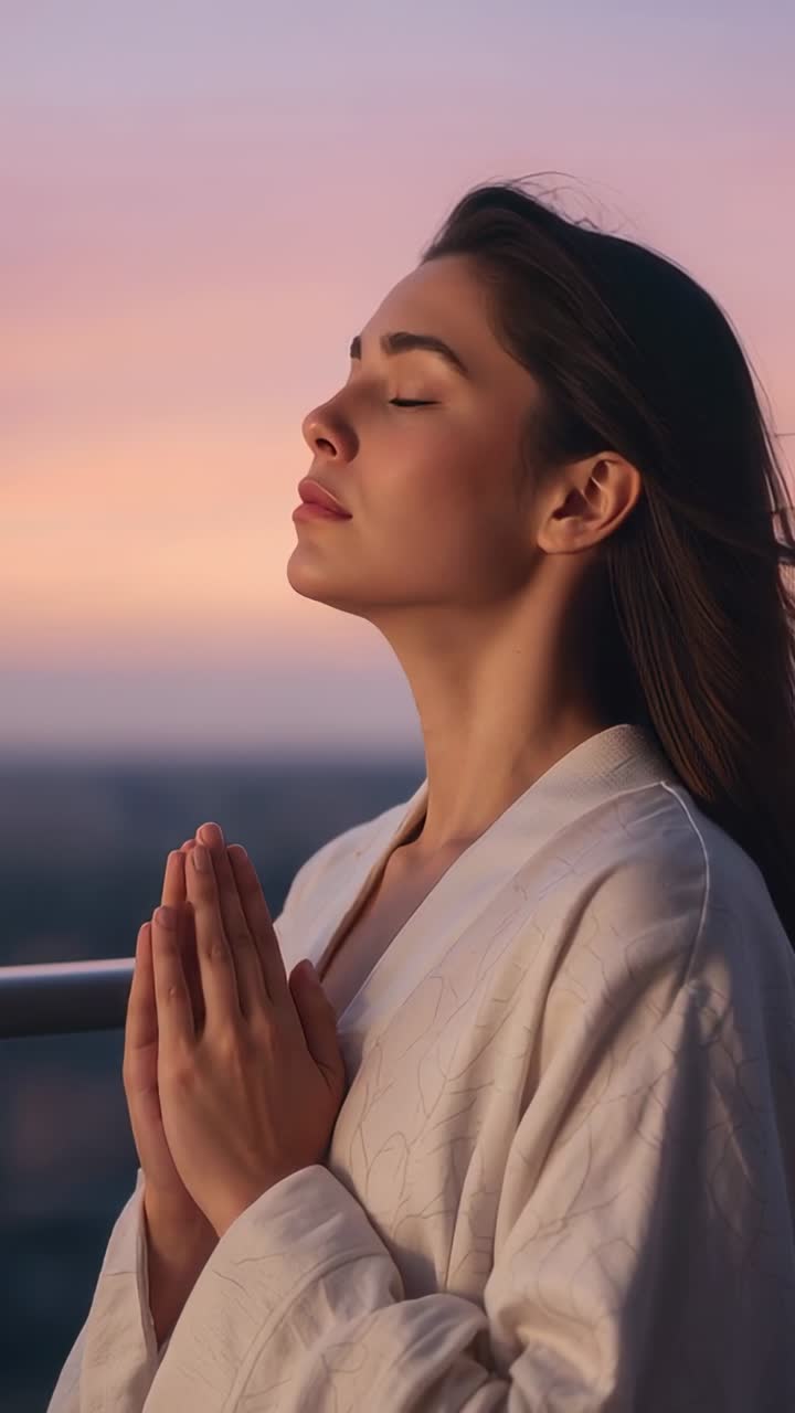 Video vertical: Mujer respirando con bata blanca inclinando la cabeza en la barandilla mientras la luz del atardecer cambia.