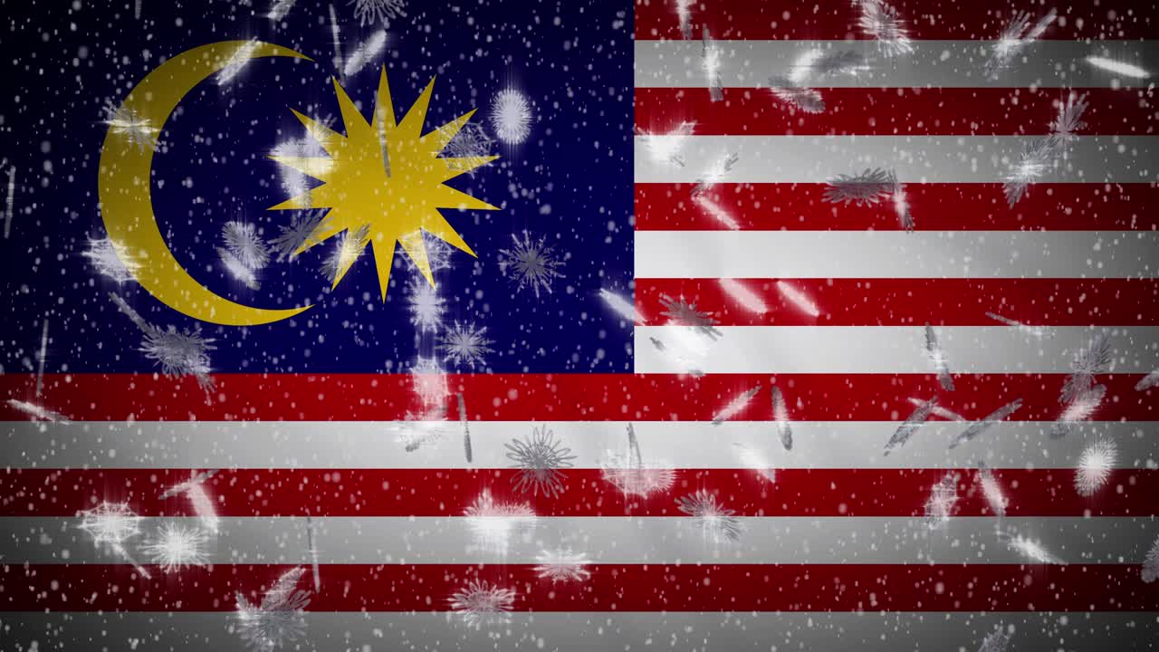 Bandiera della Malesia con neve che cade in loop, sfondo di Capodanno e Natale