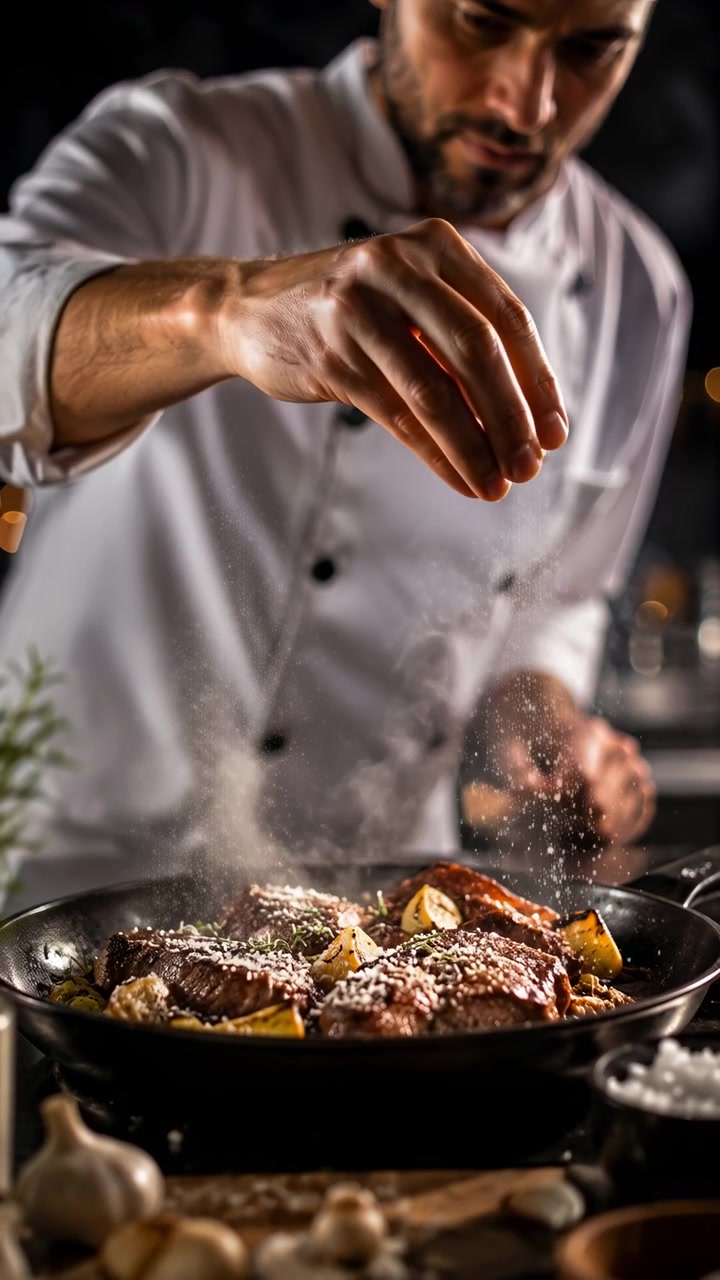 Primo piano di uno chef concentrato in uniforme bianca che sparge condimento su carne sfrigolante in una cucina buia, con vapore che sale dalla padella e una luce calda e suggestiva