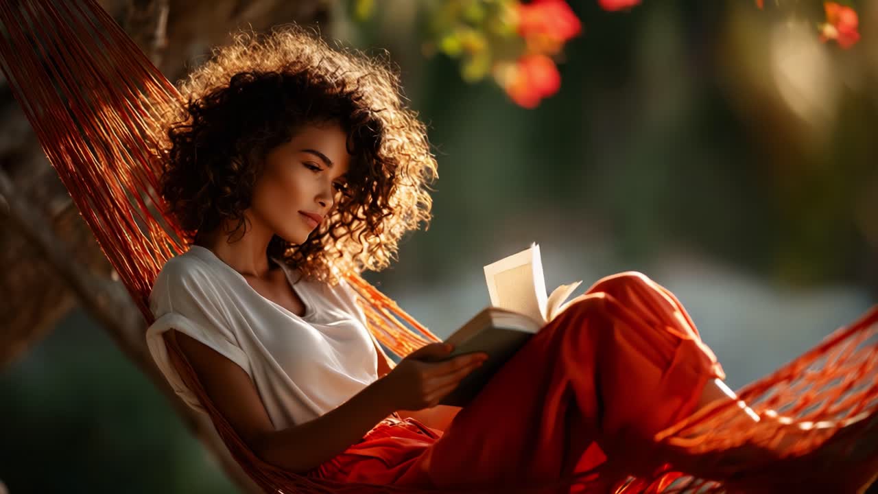Uma tarde tranquila lendo em uma rede, onde a luz do sol penetra através de flores vibrantes, criando um ambiente sereno para relaxamento e apreciação da literatura