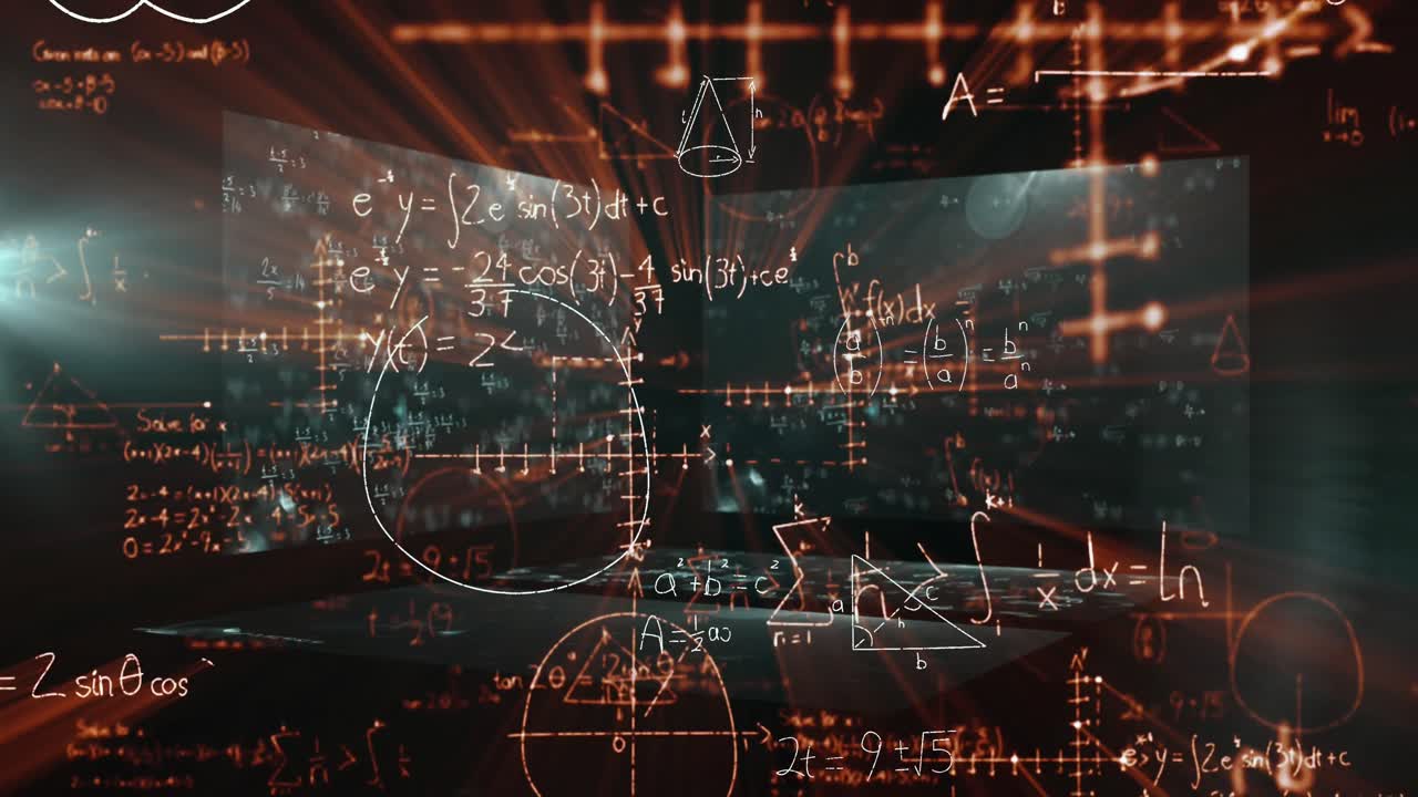 Animation of mathematical equations over black background