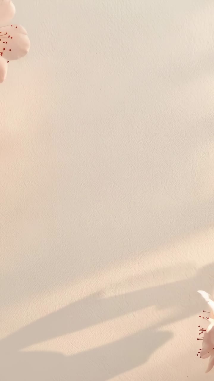 Video verticale: Luce in movimento che proietta ombre su carta beige, mostrando petali rosa e un punto rosa.