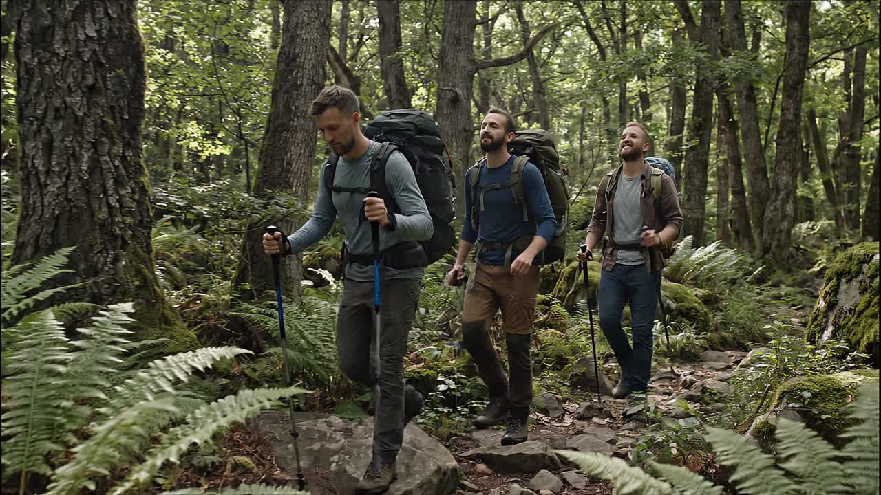 Tre uomini con zaini che fanno escursioni attraverso una foresta verde.