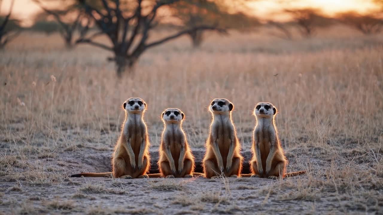 Four meerkats stand alert in a savannah at sunset, captured from a low-angle
