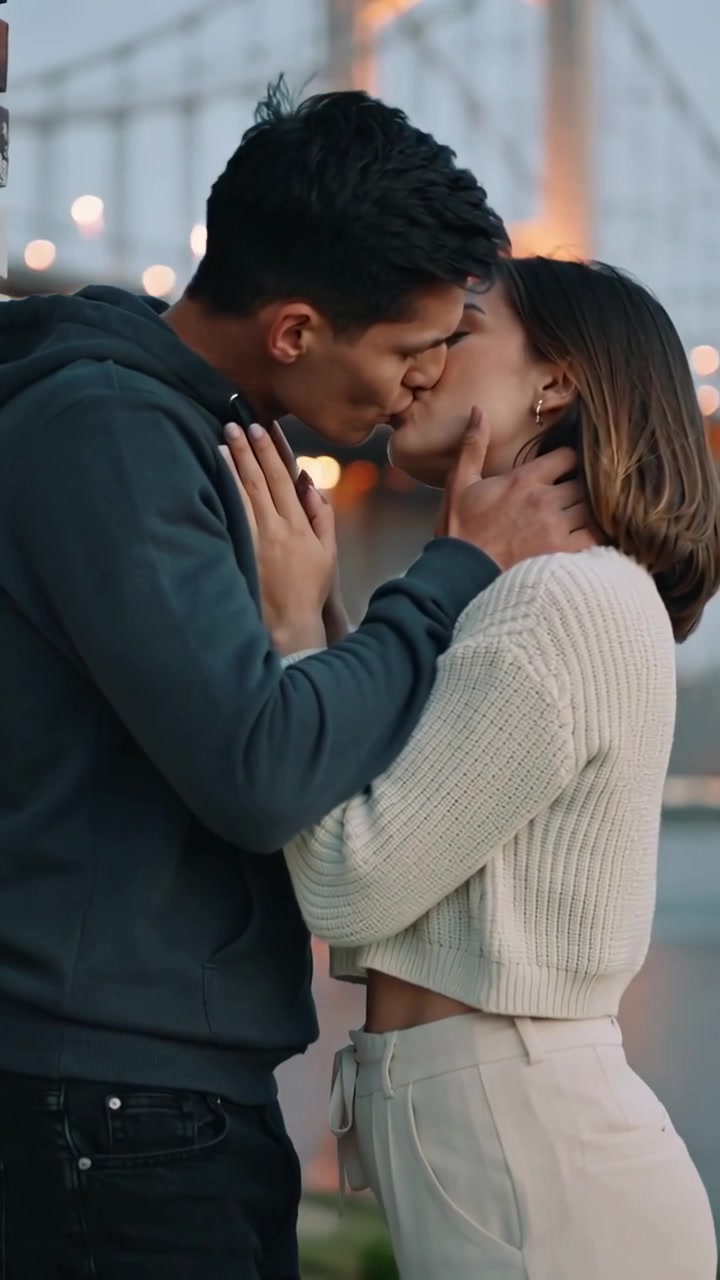Vertical video: Kissing couple man in hoodie cupping faces at riverside bridge, showing love
