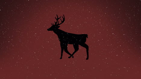 animación de nieve cayendo sobre renos de navidad sobre fondo rojo