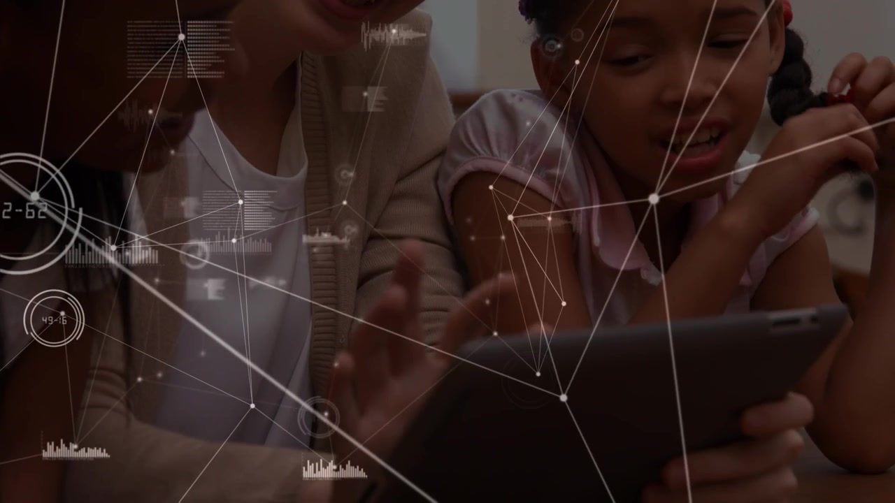 Animation of network of connections over diverse schoolchildren and teacher