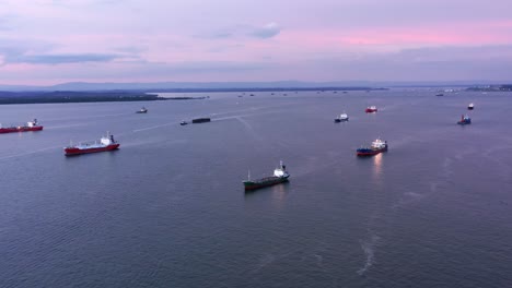 panoramic view of oil tanker ships navigating near port of balikpapan in east kalimantan, indonesia